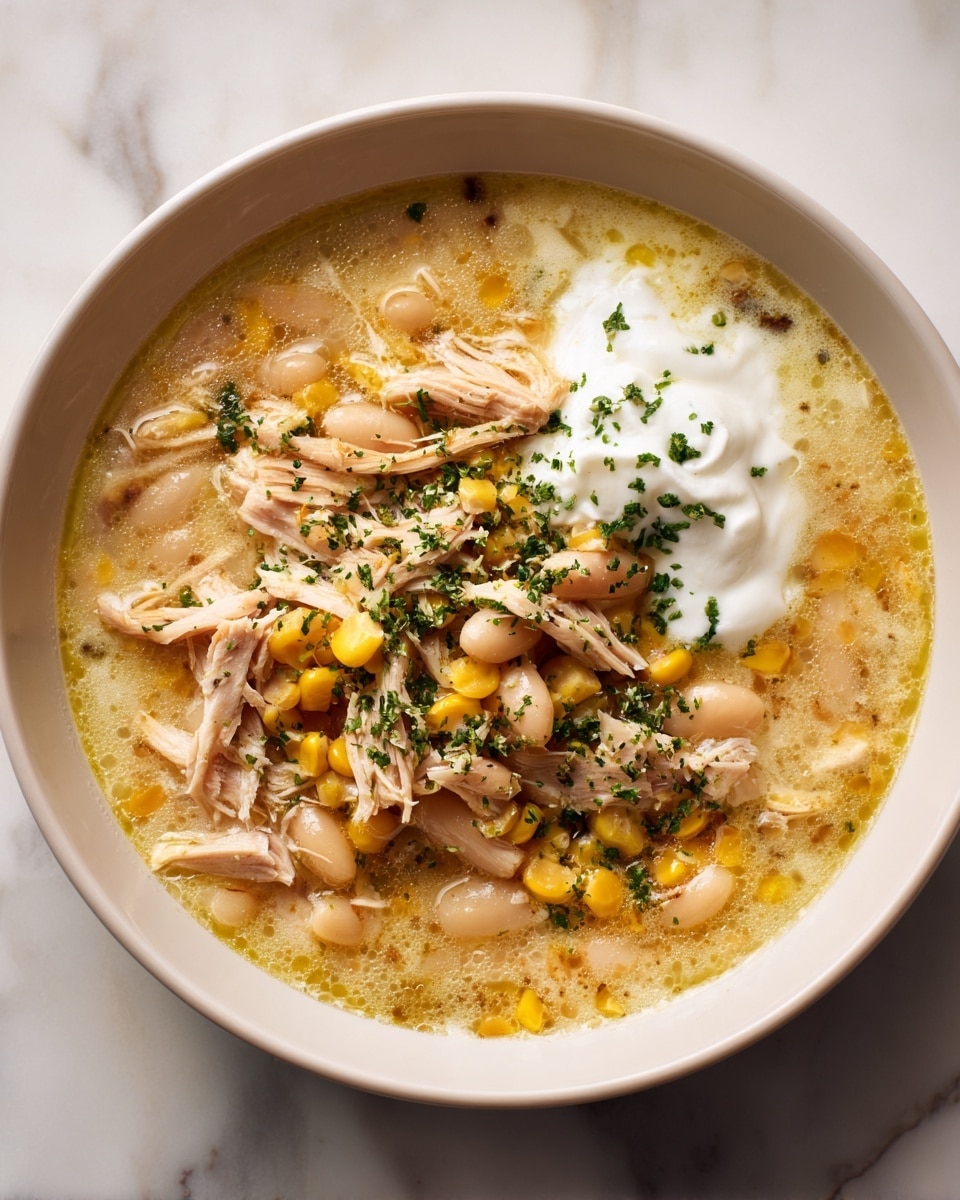 A creamy soup served in a white bowl, filled with several layers: the base is a light yellow broth with a smooth, slightly oily texture, floating white beans and yellow corn kernels are scattered throughout. On top, there are generous pieces of shredded brown chicken, adding texture and richness. A white dollop of sour cream sits on one side, partially melting into the soup. The whole dish is sprinkled evenly with chopped green herbs, adding a fresh and vibrant touch. The bowl is placed on a surface with a white marbled texture. photo taken with an iphone --ar 4:5 --v 7