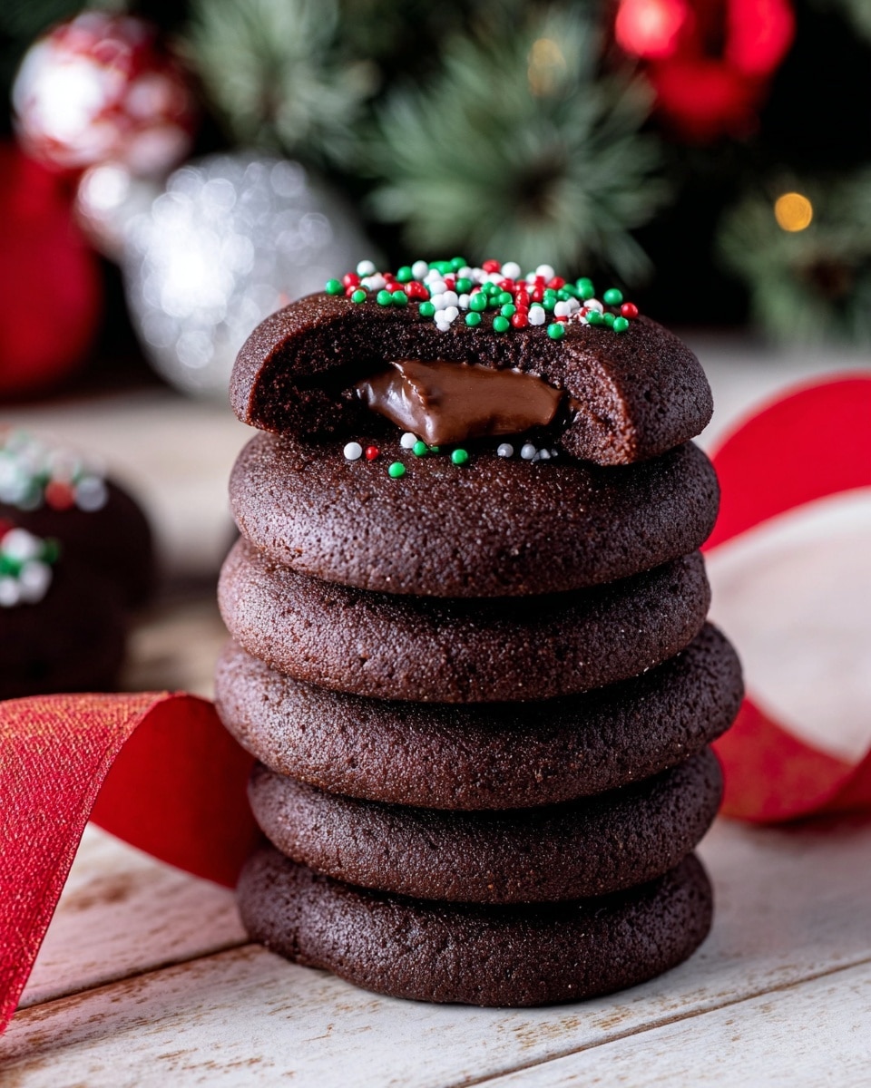 A stack of five round dark chocolate cookies is shown, each with a matte, slightly rough texture. The top cookie has a bite taken out, revealing a glossy, smooth chocolate ganache filling inside. Small, round sprinkles in red, green, and white are scattered on top of the ganache. The cookies sit on a white wooden surface with a red ribbon curled beside the stack and blurred Christmas ornaments and tree branches in the background, all on a white marbled texture. photo taken with an iphone --ar 4:5 --v 7