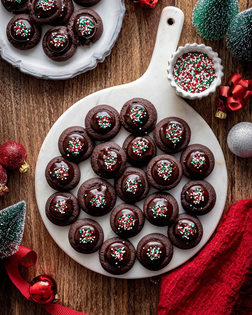 A round white cutting board holds about twenty small round dark chocolate cookies arranged tightly together, each cookie having a center filled with glossy dark chocolate ganache, topped with red, white, and green tiny round sprinkles. At the top right of the board sits a small fluted white bowl filled with more of the same colorful sprinkles. In the top left corner, a white plate holds five more cookies. The setting includes a wooden table underneath and Christmas decorations like a red ribbon, red ornaments, and a small green bottle brush tree nearby. Photo taken with an iphone --ar 4:5 --v 7