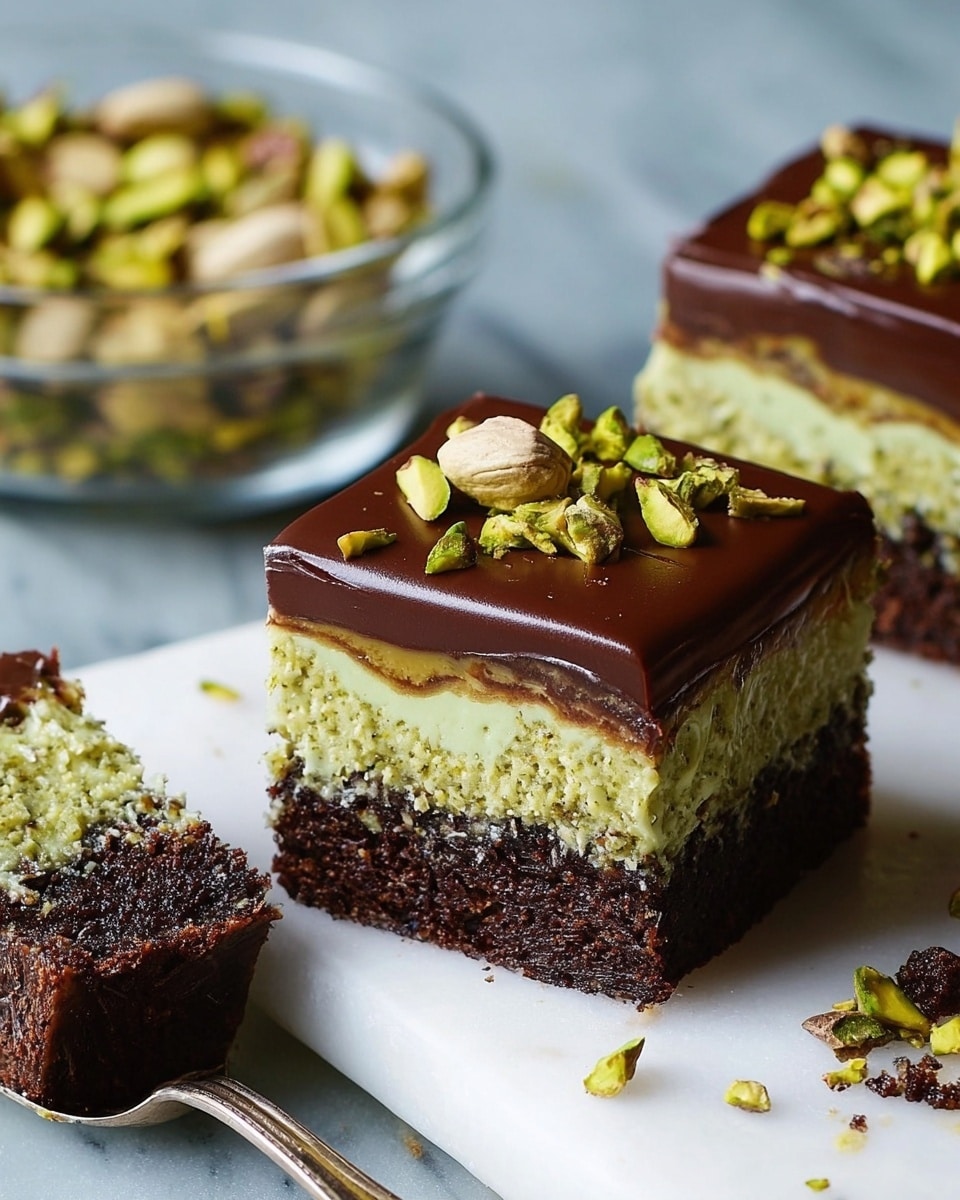 The image shows three layers of a square piece of dessert on a white marbled surface: the bottom layer is dark and moist chocolate cake, the middle layer is a light green pistachio cream with a slightly rough texture, and the top layer is a smooth, glossy chocolate ganache. Small pieces of slivered pistachios are sprinkled on top, adding a bright green contrast to the dark chocolate. One piece is cut with a small portion held on a utensil nearby, showing the clear division of the layers. A clear glass bowl filled with slivered pistachios is partially visible in the background. Photo taken with an iphone --ar 4:5 --v 7