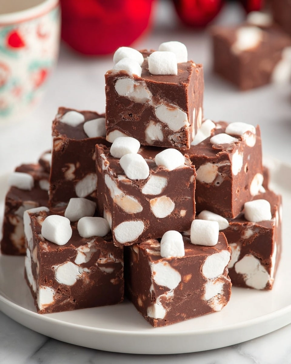 A stack of nine thick chocolate fudge squares is shown on a white plate, each square embedded with numerous white mini marshmallows inside and on top. The fudge is dark brown, smooth, and dense, contrasting with the soft, puffy, irregularly shaped marshmallows scattered evenly throughout each piece. The plate sits on a white marbled surface with blurred red and brown objects in the background, making the rich texture and colors of the fudge and marshmallows stand out clearly. photo taken with an iphone --ar 4:5 --v 7