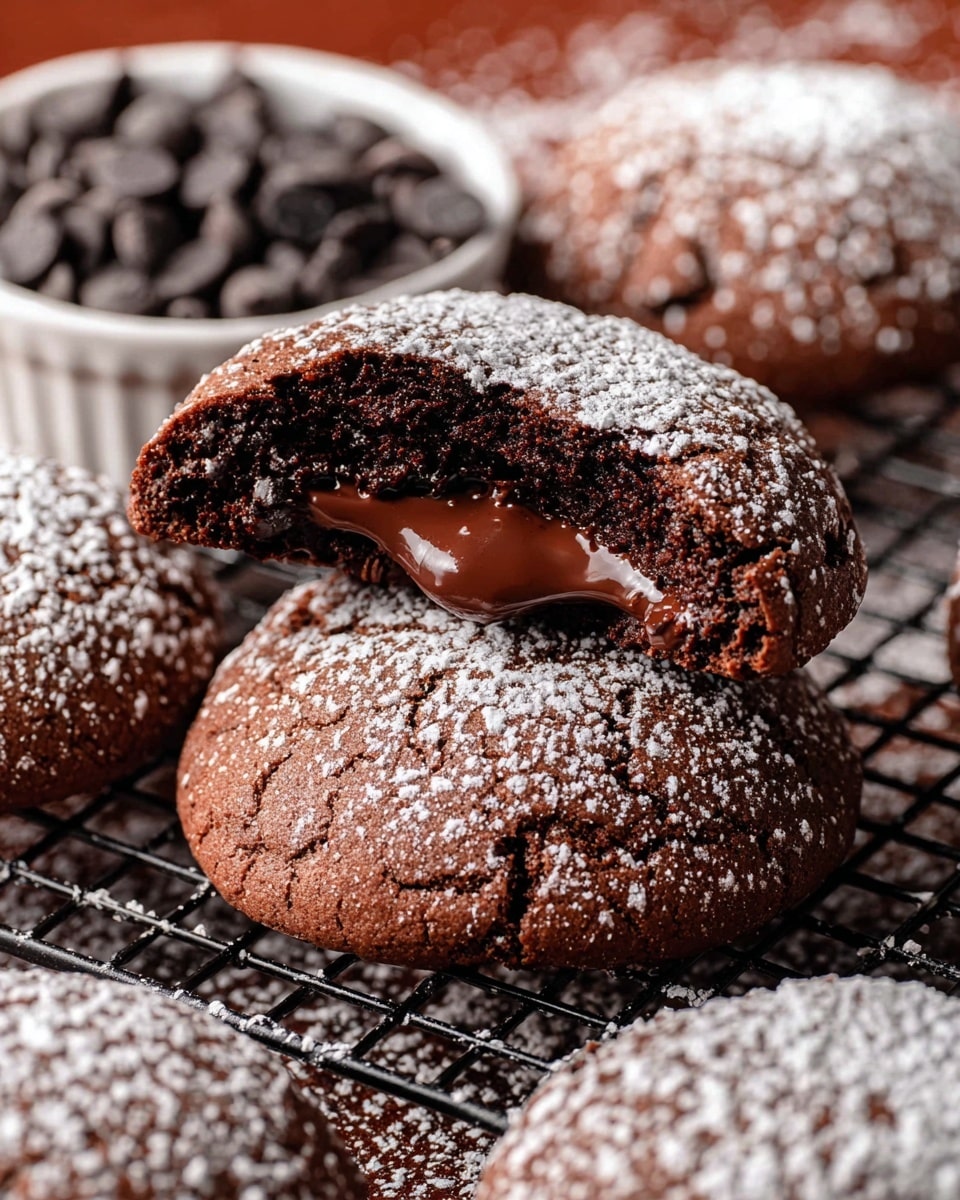 The image shows a soft, round chocolate cookie split in half to reveal a thick, glossy, dark chocolate filling oozing out from the center. The cookie's surface is dusted evenly with a light layer of powdered sugar, giving it a delicate white speckled look over the deep brown chocolate. The cookie's texture looks moist and slightly crumbly with a rich, dense feel. Around the main cookie, there are other similar chocolate cookies dusted with powdered sugar, all placed on a black cooling rack. In the upper corner, a white bowl is filled with dark chocolate chips, adding to the chocolate theme. The background is a white marbled texture. photo taken with an iphone --ar 4:5 --v 7