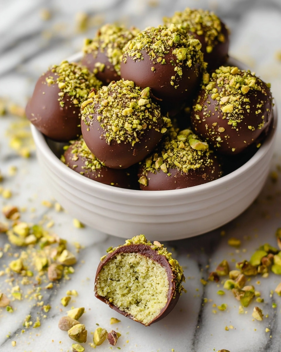 A white bowl filled with round chocolate-covered balls, each topped with green crushed pistachio pieces. One ball is placed in front and bitten, showing three visible layers: a thin smooth dark brown chocolate layer on the outside, a thick light green and crumbly textured pistachio filling inside, and some fine pistachio crumbs embedded within the filling. The bowl sits on a white marbled surface, with extra crushed pistachios scattered around it. Photo taken with an iphone --ar 4:5 --v 7