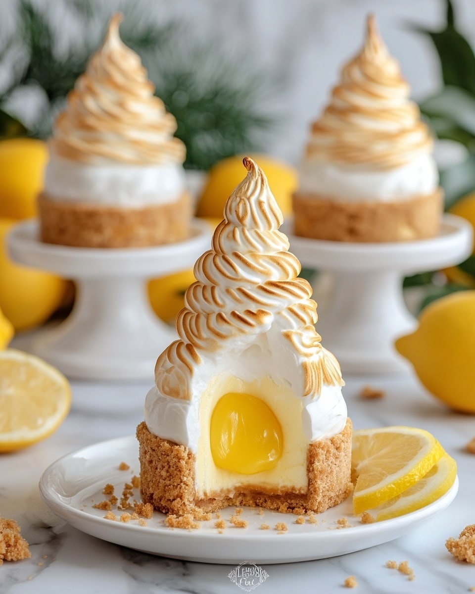 The image shows a dessert shaped like a small tower with a golden brown crust base. Inside the crust is a thick layer of white cream, followed by a smooth, shiny yellow lemon filling in the center. On top, there are soft yellow swirls of meringue stacked in multiple layers, with the tip curled slightly. The dessert is placed on a white plate with some crumbs and a lemon slice on the side, all set on a white marbled surface. In the background, two more identical desserts sit on white cake stands, along with yellow lemons and greenery. photo taken with an iphone --ar 4:5 --v 7
