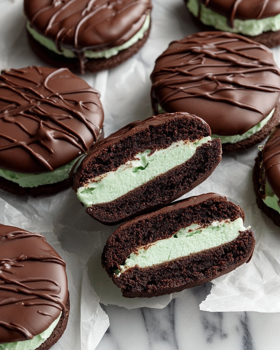 The image shows round chocolate cakes with three visible layers each: a dark brown chocolate cookie base at the bottom, a thick, light green mint cream layer in the middle, and a smooth, dark chocolate coating on top with thin chocolate drizzle lines across it. One of the cakes is cut in half, revealing the soft texture of the chocolate cookie and the creamy green middle. All cakes are placed on white paper over a white marbled surface. photo taken with an iphone --ar 4:5 --v 7