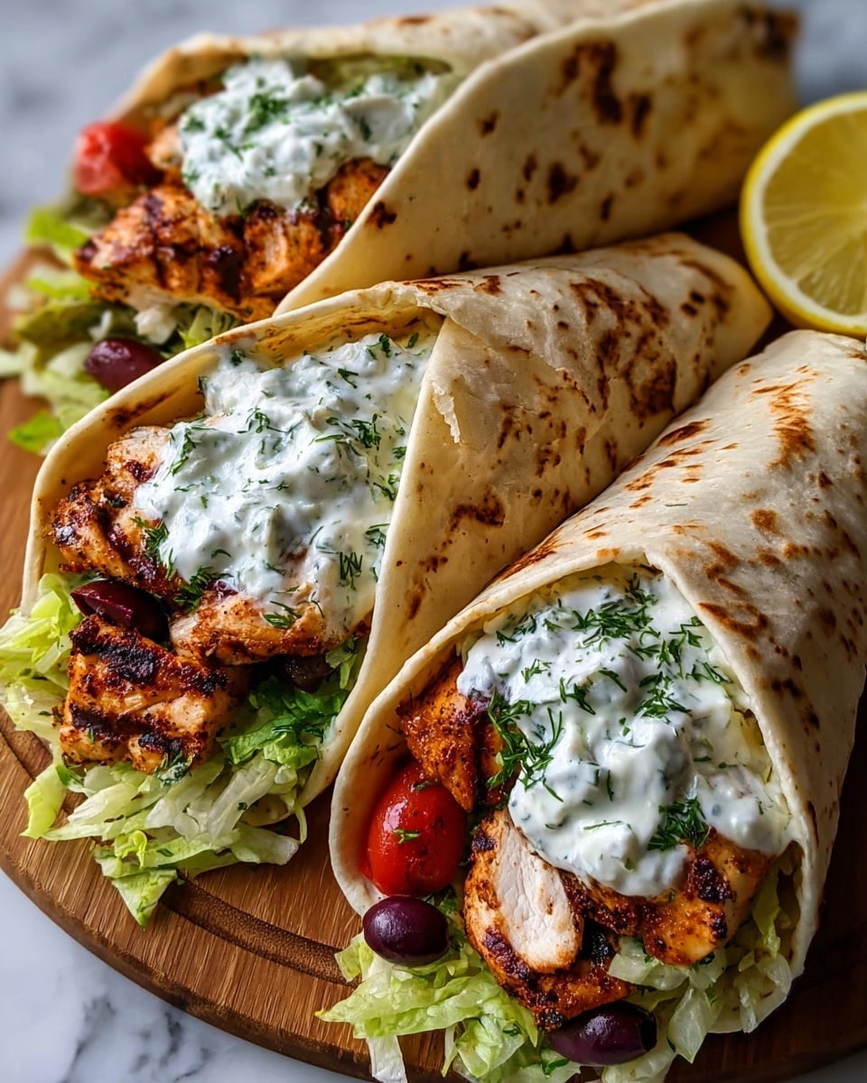 Three grilled chicken wraps rest on a wooden board, each wrapped in soft, light brown flatbread with visible spots from cooking. Inside, the first visible layer is bright green shredded lettuce at the bottom, topped with juicy, golden-brown grilled chicken pieces with char marks. On top of the chicken, a thick dollop of white creamy sauce with chopped green herbs adds texture. Small red cherry tomatoes and dark purple olives peek out as additional fillings. A half lemon with bright yellow flesh sits to the side. The background is a white marbled texture. Photo taken with an iphone --ar 4:5 --v 7