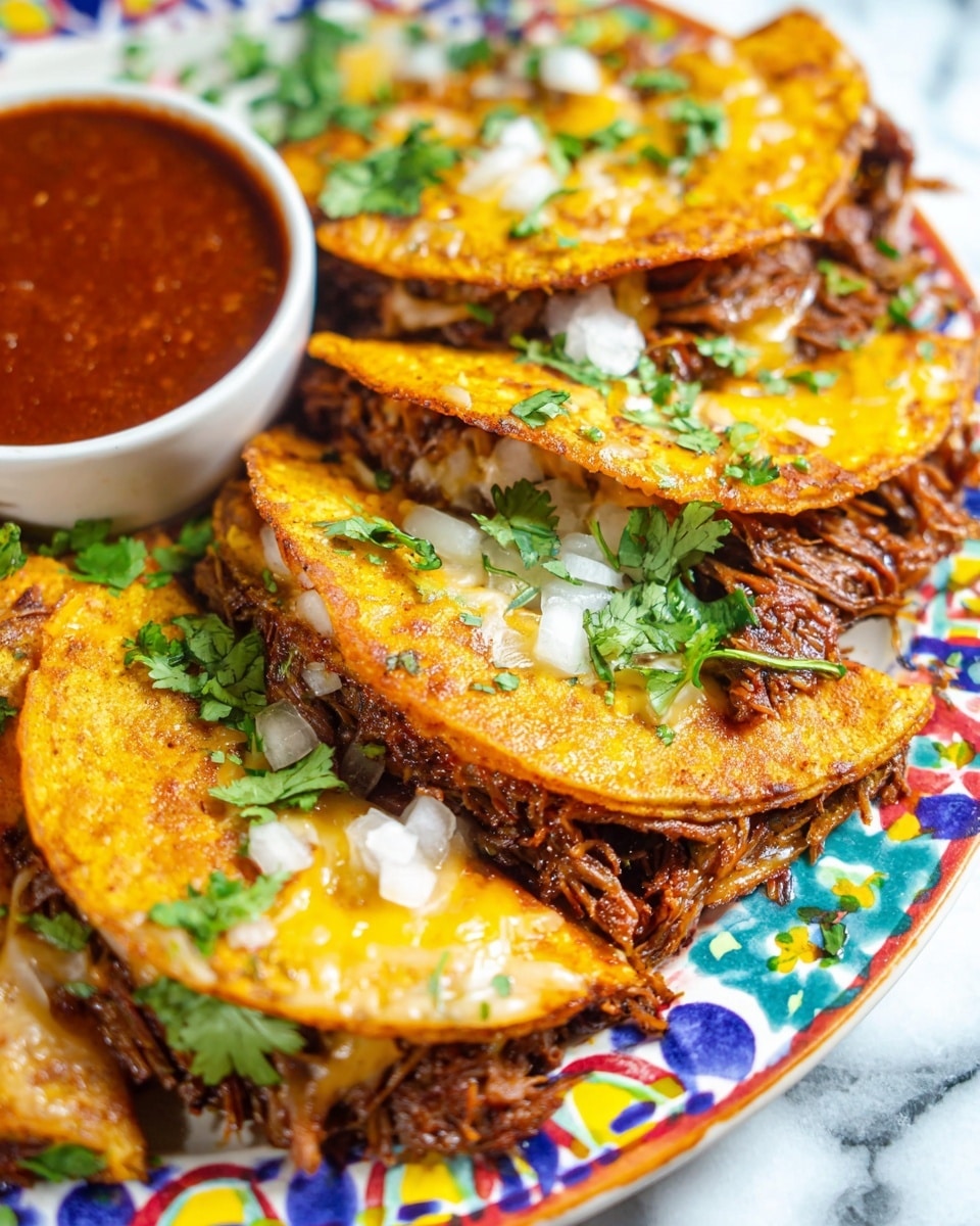 The image shows a close-up of four tacos lined up on a white plate with colorful patterns around the edge. Each taco has one layer of soft, golden-orange, slightly crispy tortillas that look lightly fried, folded over a thick layer of dark shredded meat mixed with melted yellow cheese inside. On top of the tacos there are small pieces of white onion and scattered bright green cilantro leaves. In the corner of the image, there is a small white bowl filled with a rich red sauce. The plate rests on a white marbled surface. Photo taken with an iphone --ar 4:5 --v 7