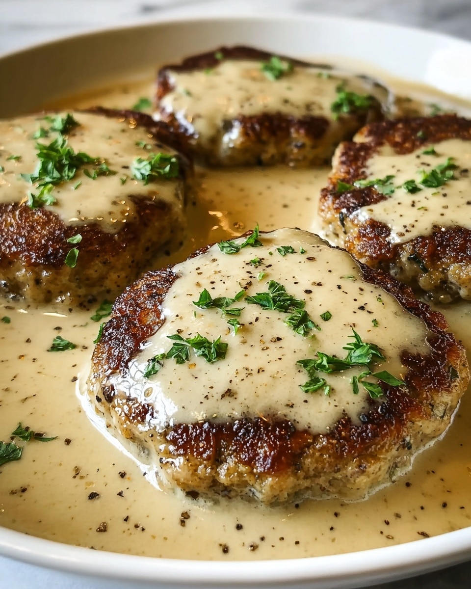 A close-up view of five browned patties covered with a smooth, creamy light beige sauce that pools around them on a white dish. The patties have a slightly crispy, textured outer edge with some darker browning. Each patty is topped with small sprinkles of fresh green herbs and a light dusting of ground black pepper. The rich sauce has a glossy finish, and the whole dish sits on a surface with a white marbled texture. photo taken with an iphone --ar 4:5 --v 7