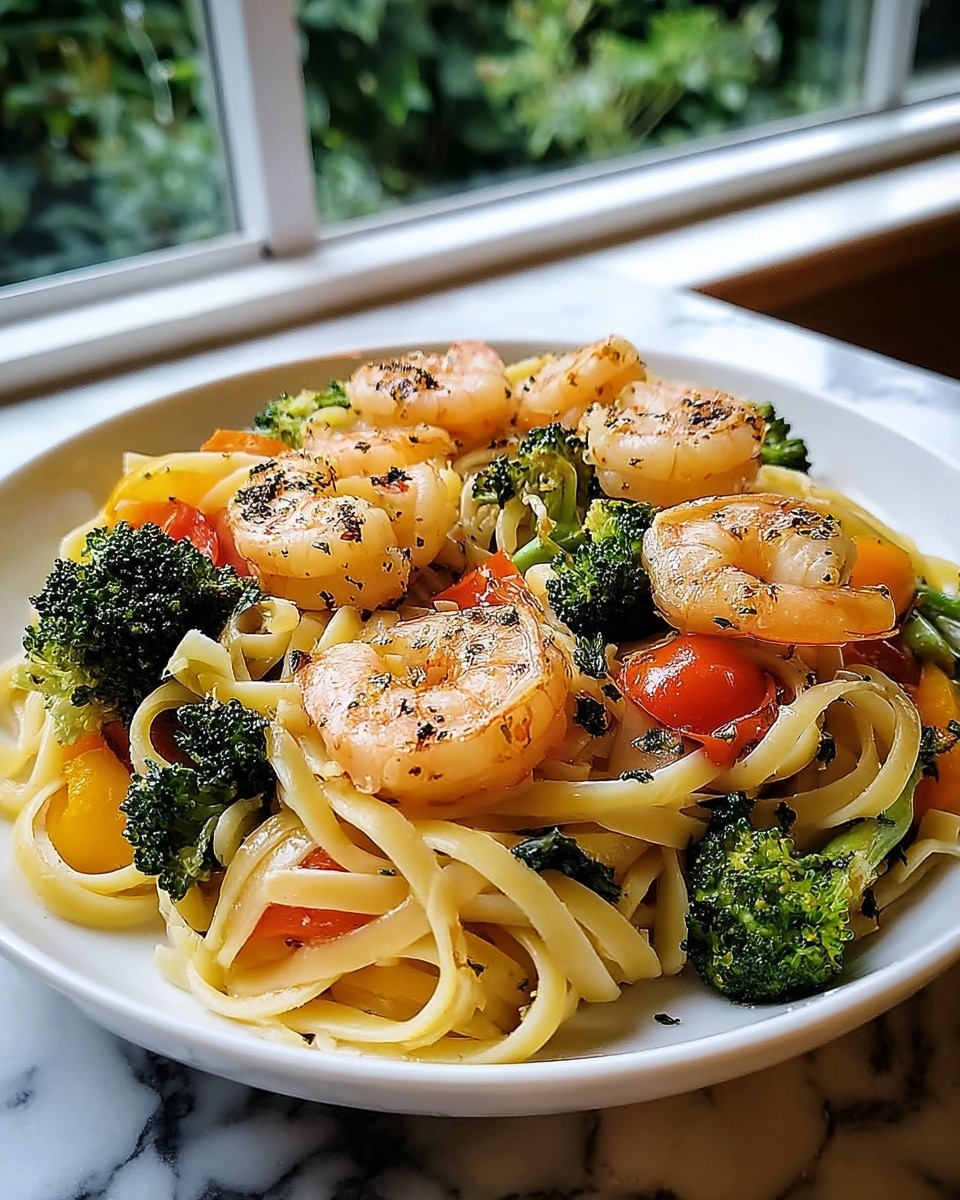 A white plate filled with a layered dish of linguine pasta as the base, light yellow and slightly glossy, twisted with bright green broccoli florets, orange and red bell pepper pieces scattered throughout, and topped with several cooked shrimp showing a pinkish-orange color with some black seasoning flakes. The shrimp are plump and shiny, slightly curled, sitting evenly on top of the pasta and vegetables. The dish has a light sprinkling of black herbs or seasoning on the shrimp and pasta. The background is a window with greenery outside, and the surface beneath the plate has a white marbled texture. Photo taken with an iphone --ar 4:5 --v 7