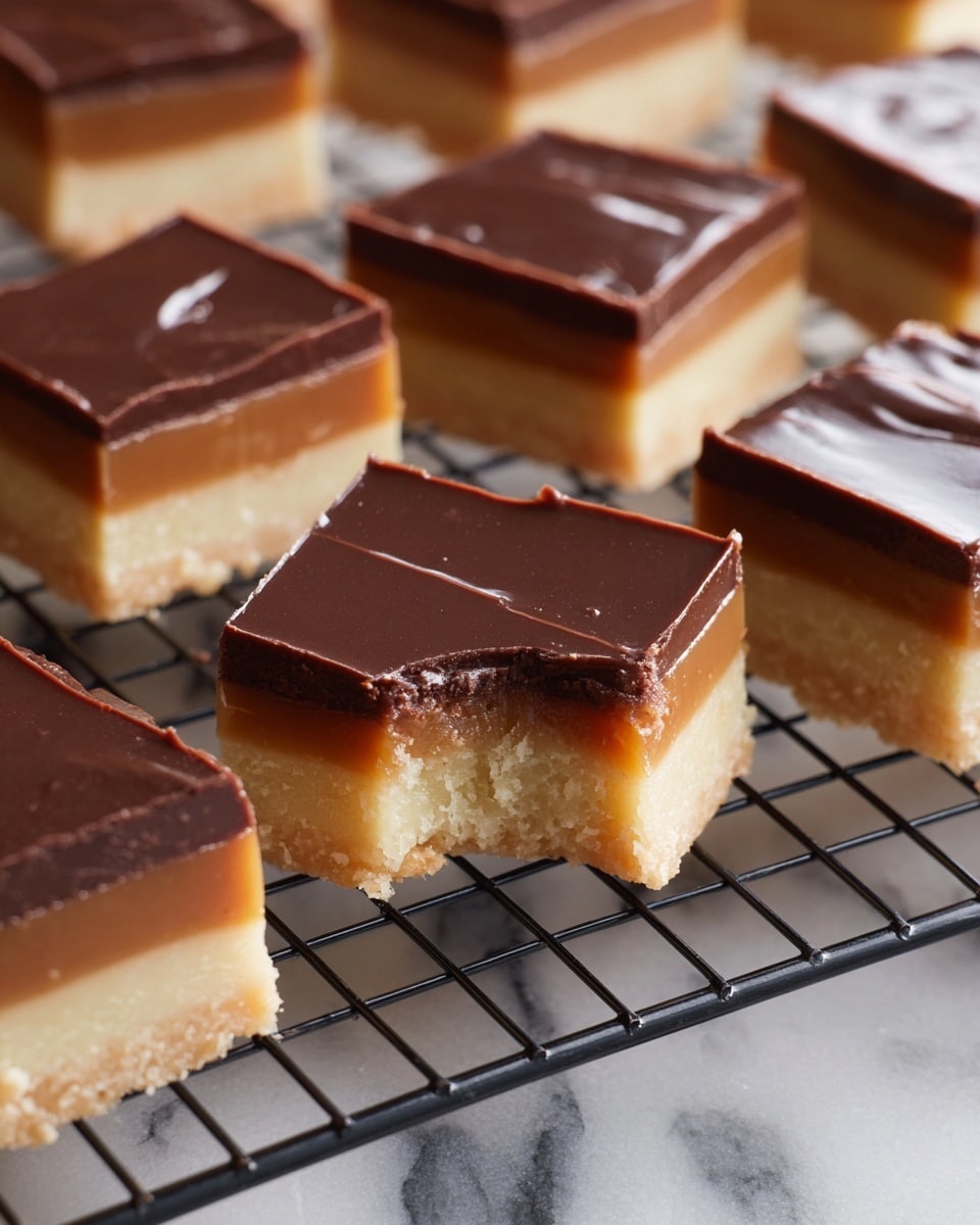 The image shows several square dessert bars arranged on a black cooling rack over a white marbled surface. Each bar has three clear layers: a thick, creamy pale bottom layer, a medium-thick smooth caramel-colored middle layer, and a glossy dark brown chocolate layer on top. One bar in the center has a bite taken out of it from the side, showing the layers more clearly. The overall look is neat, with clean edges and a soft texture on the bottom and caramel layers while the chocolate top is shiny and slightly firm. photo taken with an iphone --ar 4:5 --v 7