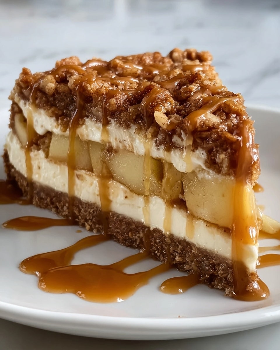 A slice of layered cheesecake sits on a white plate, placed on a white marbled surface. The bottom layer is a crumbly, dark brown crust that looks firm and crunchy. Above this, there is a thick, creamy off-white cheesecake layer with small bits of light brown chunks mixed inside. The top layer is a golden brown, crunchy crumble with uneven pieces spread all over. The colors go from dark brown at the bottom, creamy white in the middle, to golden brown on top, giving a neat and tasty look. photo taken with an iphone --ar 4:5 --v 7