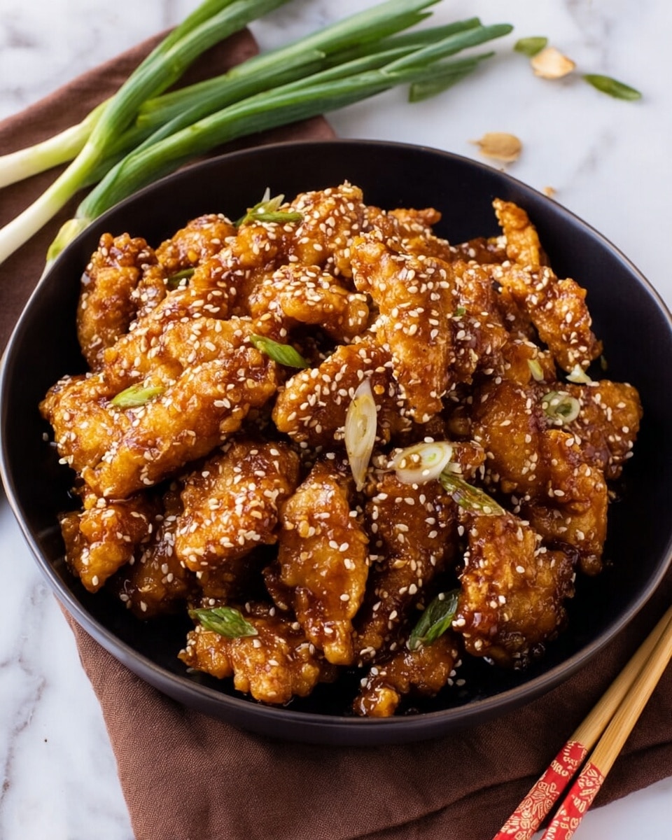 A large black bowl filled with many pieces of golden-brown fried chicken coated in a shiny sauce, sprinkled evenly with small white sesame seeds. The pieces have a crispy, textured surface and are piled on top of each other, creating one thick layer in the bowl. The bowl rests on a brown cloth on a white marbled surface. Around the bowl, there are fresh green onions with white bulbs spread casually, and a pair of light wooden chopsticks with red patterns placed to the right side. photo taken with an iphone --ar 4:5 --v 7