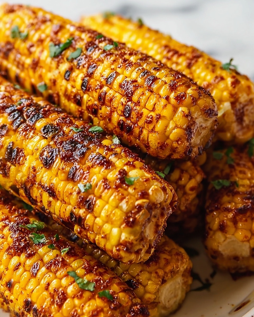 A close-up view of several pieces of grilled corn on the cob arranged closely together. Each corn piece has a bright yellow base with dark brown charred spots evenly spread across the kernels, giving a smoky texture. The corn is coated with a reddish-brown spice blend that looks slightly oily, and sprinkled with small green herb bits scattered on top. The corn pieces are placed on a white plate, set against a white marbled surface in the background. photo taken with an iphone --ar 4:5 --v 7