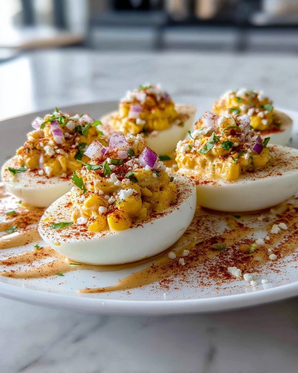 A white plate holds six deviled eggs, each cut in half showing white egg whites as the base. On top of the egg whites is a yellow, creamy filling mixed with small pieces of yellow corn. The eggs are sprinkled with finely chopped red onions, white crumbly cheese, and green herbs. A light brown sauce is drizzled over the eggs and the plate, and a reddish spice powder is dusted over the filling. The plate sits on a surface with a white marbled texture, and the background is blurred, showing a kitchen environment. photo taken with an iphone --ar 4:5 --v 7
