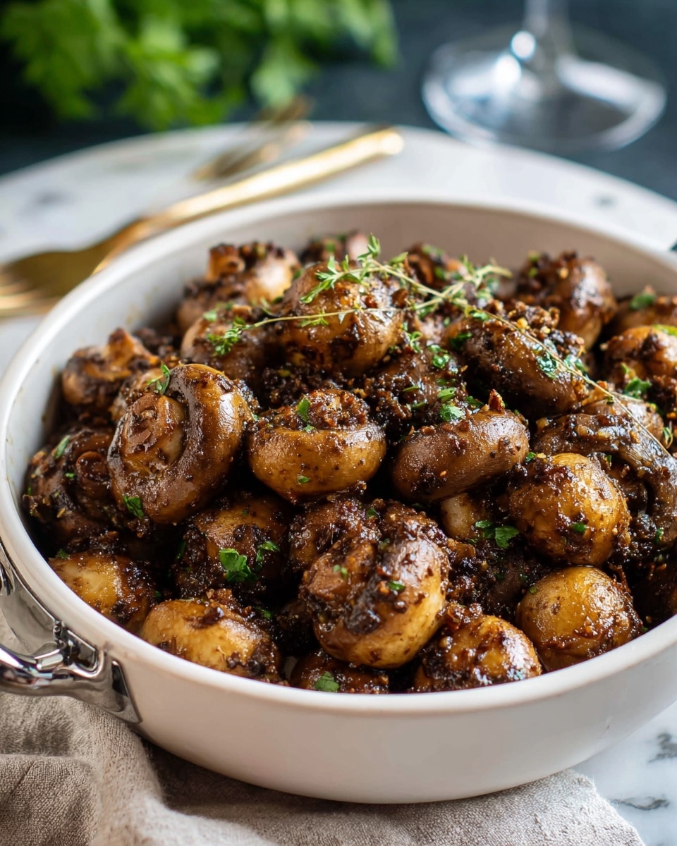 A deep white bowl filled to the top with sautéed mushrooms that are golden brown and glistening with a light oily coating and small bits of dark seasoning spread across them. The mushrooms vary slightly in size but are mostly small, whole or halved, showing off their smooth caps and creamy white stems. A few sprinkles of finely chopped fresh green parsley are scattered lightly on top and around the bowl. The bowl sits on a white marbled surface, with a small white bowl of extra chopped parsley and some scattered parsley bits nearby, as well as a knife and fork partly visible to one side, and a light gray cloth nearby. Photo taken with an iphone --ar 4:5 --v 7