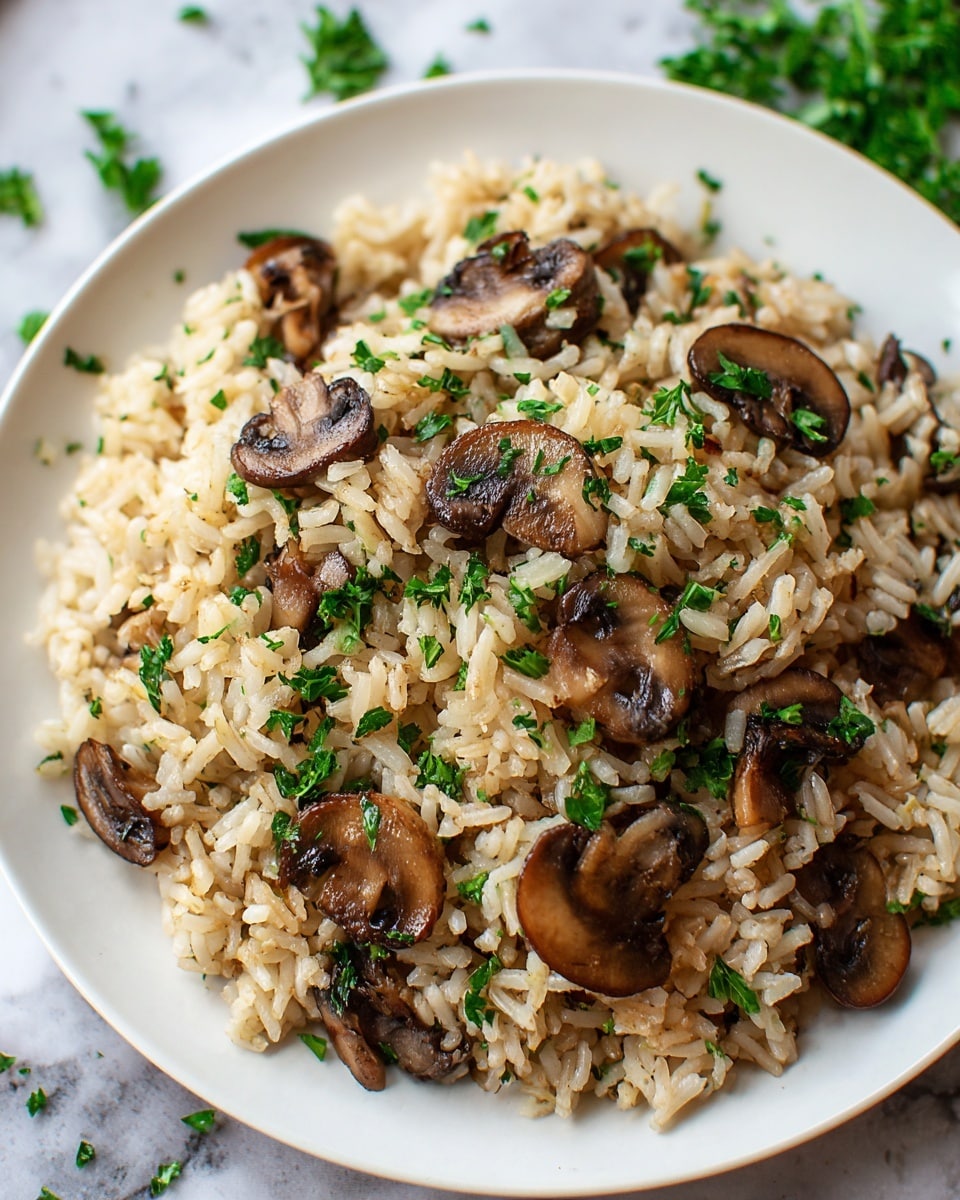 A close-up of a white plate full of cooked rice mixed with browned mushroom slices scattered evenly through the rice, both showing a slightly oily texture. Bright green chopped fresh parsley is sprinkled on top, adding a fresh color contrast to the light beige rice and dark brown mushrooms. The plate sits on a white marbled surface with some parsley pieces visible around it. photo taken with an iphone --ar 4:5 --v 7