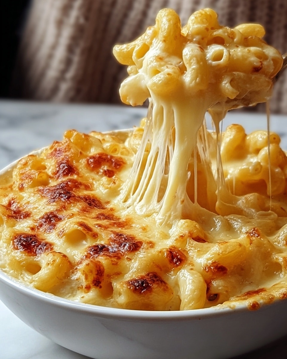 A close-up of creamy baked macaroni and cheese in a white bowl, showing a thick top layer of golden-brown melted cheese with browned spots, beneath which is a dense layer of smooth, stretchy, light yellow cheese sauce coating pale, soft macaroni pasta tubes; a woman's hand lifts a portion of macaroni that pulls long, gooey cheese strings stretching upwards from the bowl, all against a white marbled surface. photo taken with an iphone --ar 4:5 --v 7