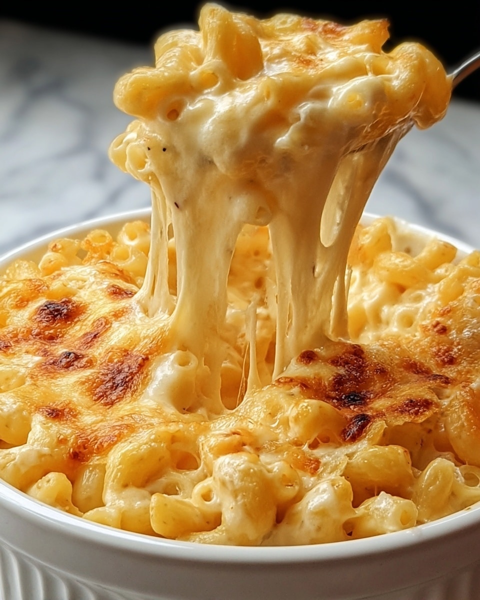 A white bowl filled with macaroni and cheese, showing two main layers; the bottom layer has pale yellow cooked macaroni pasta, and the top layer is a golden brown melted cheese crust with some darker toasted spots. Cheese is stretching upwards from the bowl, creating long, thick, gooey strands connecting the lifted portion to the rest in the bowl. The overall texture looks creamy and smooth with a rich shine, and the close view focuses on the cheese pull. The bowl sits on a white marbled surface. photo taken with an iphone --ar 4:5 --v 7