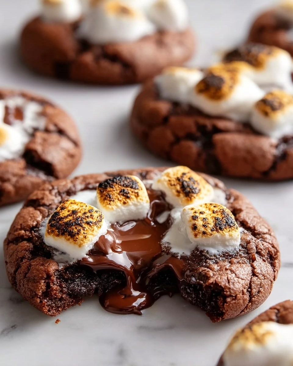A close-up view of a soft, round chocolate cookie broken slightly to reveal a gooey, dark chocolate center. On top, there are toasted marshmallows with golden brown spots and melted shiny milk chocolate dripping over them. The cookie's surface is textured with small cracks, and behind it, a few more similar cookies are slightly blurred. All cookies are placed on a white marbled texture. photo taken with an iphone --ar 4:5 --v 7