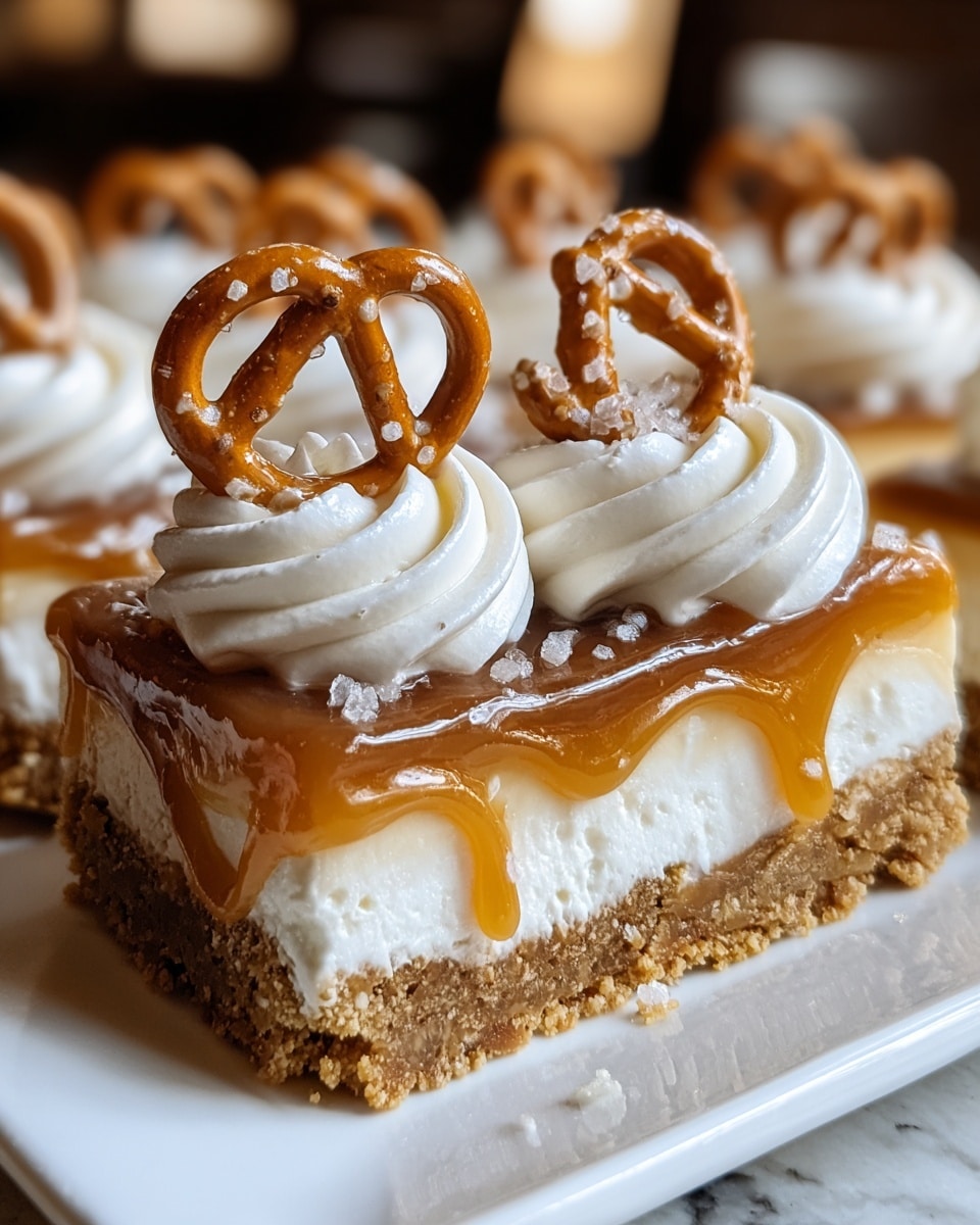 A close-up of a dessert bar on a white square plate with a crumbly, golden brown cookie crust as the bottom layer, topped by a thick, creamy white layer, then a shiny caramel layer dripping slightly over the edges. On top of the caramel, there are swirls of white whipped cream arranged in a row, each swirl crowned with a small pretzel covered lightly in coarse white salt crystals. The background is softly blurred with warm light, and the dessert is set on a white marbled texture surface. photo taken with an iphone --ar 4:5 --v 7