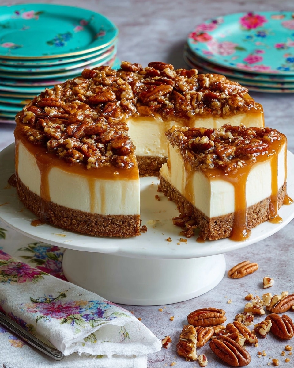 A rich cheesecake with three visible layers is shown on a white cake stand. The bottom layer is a thick, crumbly brown crust, followed by a thick creamy white cheesecake layer in the middle. The top layer is a glossy golden caramel sauce with many toasted pecans and crunchy nut pieces spread evenly, some caramel dripping down the sides. One slice is cut out, showing the smooth texture of the cheesecake inside. In the background, there is a stack of floral-patterned turquoise plates and a white cloth with scattered pecans and crumbs nearby, all on a white marbled surface. Photo taken with an iphone --ar 4:5 --v 7