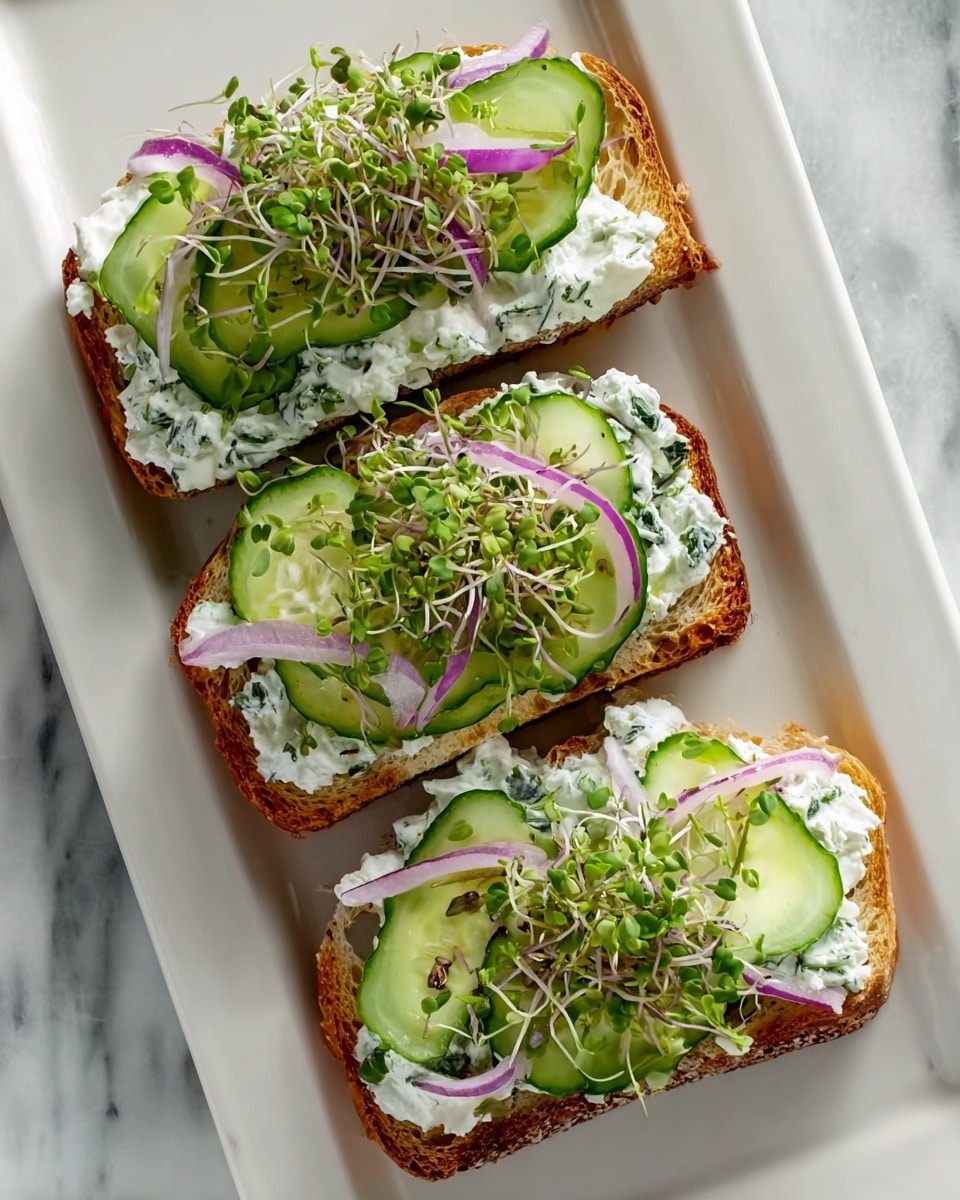 Three slices of toasted brown bread are laid side by side on a white rectangular plate, placed on a white marbled surface. Each slice is topped with a thick, creamy layer of white cottage cheese mixed with green herbs. On top of the cheese, there are slices of light green cucumber arranged in a slightly overlapping manner. Thin strips of purple-red onion are scattered over the cucumbers. Fresh, light green sprouts are sprinkled across the top, adding texture and height. The whole dish looks fresh and colorful, with the soft creaminess of the cheese contrasting the crisp vegetables. photo taken with an iphone --ar 4:5 --v 7
