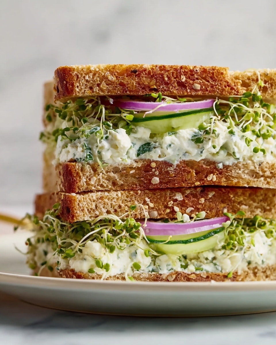 A close-up view of a two-layer sandwich stacked on a white plate, sitting on a white marbled surface. The sandwich has golden brown toasted whole grain bread as the top and bottom layers, each with a rough, textured crust. Between the bread, the first visible layer is a creamy, white cottage cheese mixture with slices of light green cucumber and small green herb flecks. On top of the cottage cheese mix, there are fresh light green broccoli sprouts and thin slices of purple-red onion adding a pop of color and texture. The sandwich is cut in half, showing the neat layering inside. photo taken with an iphone --ar 4:5 --v 7