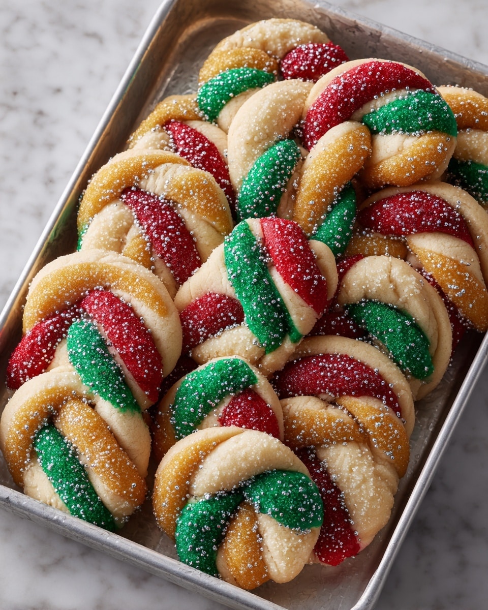 This image shows a tall silver tray full of round twisted cookies with two colors swirled together in each cookie. Each cookie has eight thick, twisted sections in light beige dough, paired with another color in bright red, dark green, or deep golden yellow. The bright colored parts are coated in sugar sprinkles matching their color along with some white sugar crystal sprinkles covering the entire surface of the cookies. The cookies are tightly packed, overlapping slightly and the tray is placed on a white marbled surface. photo taken with an iphone --ar 4:5 --v 7