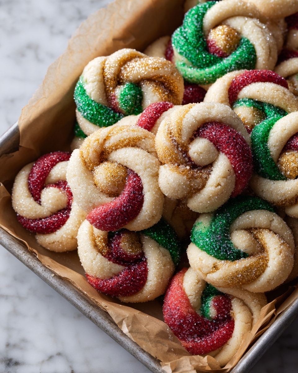 A tray filled with round twisted cookies having two-color swirls intertwined with white dough; one swirl is green and gold, another is red and gold, and the last one is red and green. The cookies have a sugar sprinkle coating that adds texture and sparkle on top. The tray is lined with slightly crumpled brown paper, and the background shows a white marbled surface. The cookies are thick and soft-looking with visible sugar crystals on each swirl photo taken with an iphone --ar 4:5 --v 7