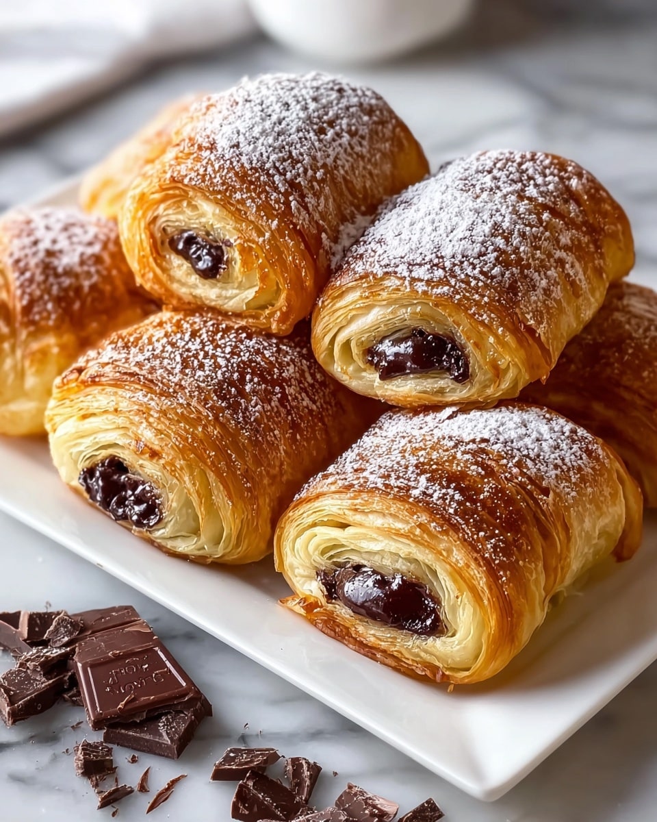 The image shows several golden-brown pastries with a flaky, layered texture and a shiny surface, sitting closely together on a white rectangular plate. Each pastry has about three visible layers, with a thick, glossy dark chocolate filling visible through a center opening. The tops of the pastries are lightly dusted with powdered sugar, adding a soft white contrast to the warm colors. Around the plate, small pieces of broken dark chocolate rest on a white marbled surface, enhancing the chocolate theme. The photo is taken with an iphone --ar 4:5 --v 7