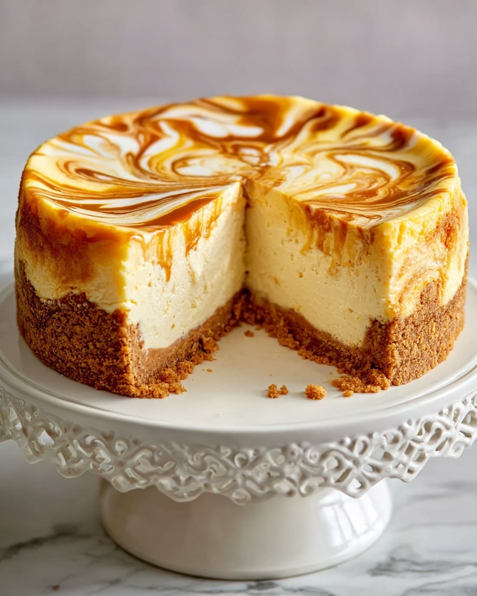 A three-layer cheesecake on a white ornate cake stand placed on a white marbled surface is shown with one slice removed. The bottom layer is a crumbly, golden brown crust, the middle layer is thick and creamy pale yellow cheesecake with a smooth texture, and the top layer features a marbled swirl pattern of caramel and white cream, creating fluid, flowing shapes across the surface. The edges of the cake reveal the contrast between the soft creamy inside and the firmer crust. photo taken with an iphone --ar 4:5 --v 7