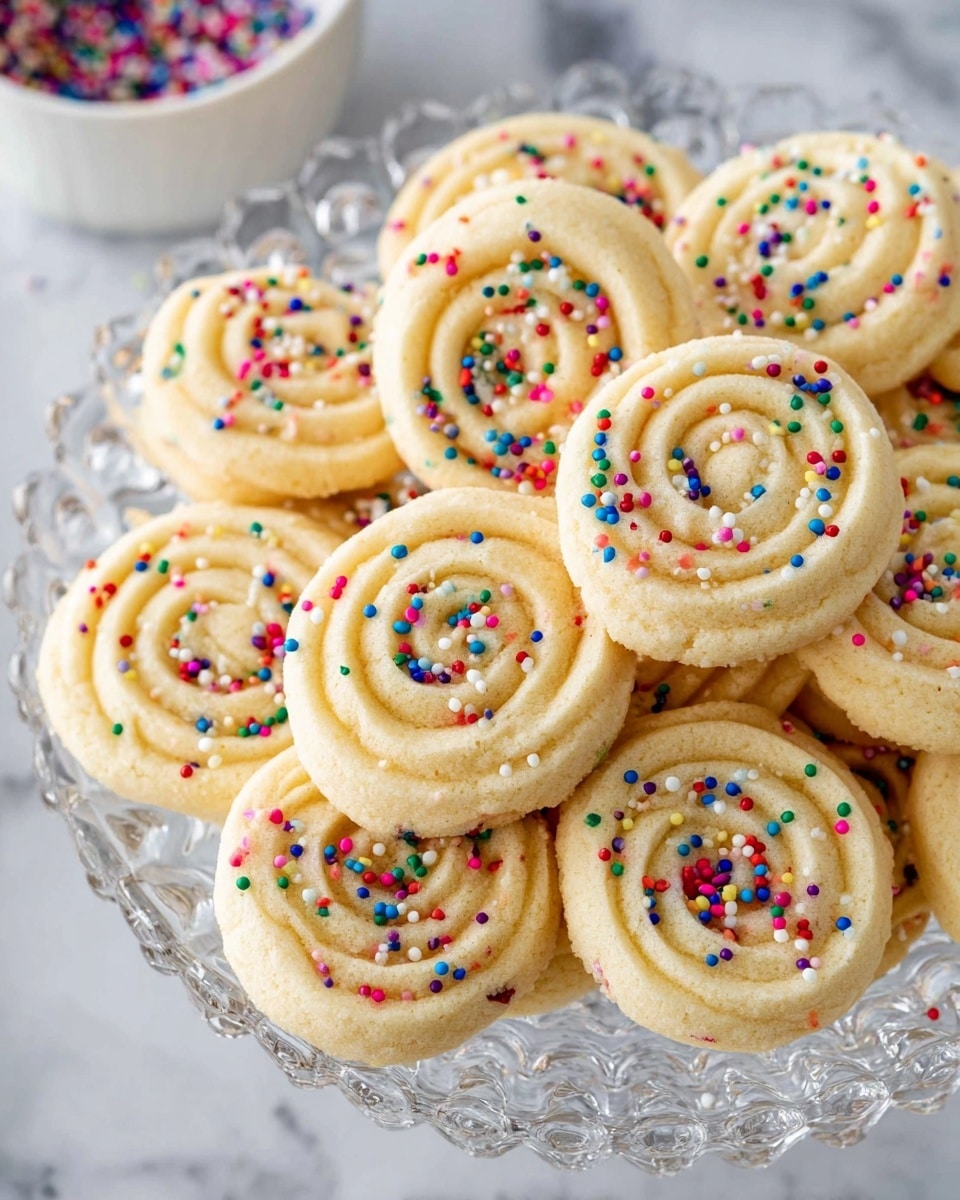 A clear glass plate filled with about twelve light golden swirl cookies, each having a soft, smooth texture and topped with small, colorful round sprinkles in red, blue, yellow, white, green, and purple scattered evenly across the surface. The cookies are arranged closely, some stacked slightly on others, showing the spiral patterns clearly from the top view. The plate sits on a white marbled surface, with a white bowl partially visible in the background. photo taken with an iphone --ar 4:5 --v 7