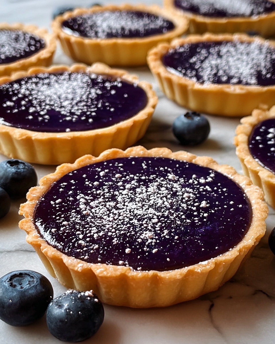 The image shows several small tarts with a golden brown crust that has a scalloped edge. Each tart is filled with a smooth, deep purple glossy filling, evenly spread to the edge of the crust. The top of the purple filling is lightly dusted with white powdered sugar, creating a fine contrast. Around the tarts, there are whole fresh blueberries placed on a white marbled surface, adding a natural touch. The tarts are shown close up in a well-lit setting to highlight the shiny texture of the filling and the crisp crust edges. photo taken with an iphone --ar 4:5 --v 7