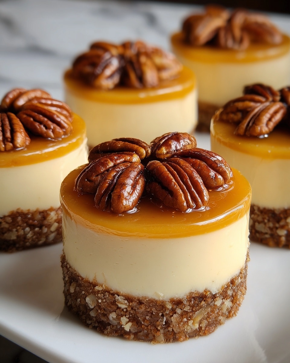The image shows a group of seven mini cheesecakes on a white plate with a subtle decorative edge, set on a white marbled surface. Each cheesecake has three layers: a bottom crumbly brown crust, a smooth creamy off-white cheesecake middle, and a glossy caramel-like layer on top. The top layer is garnished generously with whole and halved pecans, giving a shiny, textured look. The cheesecakes are evenly spaced, with the focus on the front cheesecake showing clear details of each layer’s texture and nut topping. Photo taken with an iphone --ar 4:5 --v 7