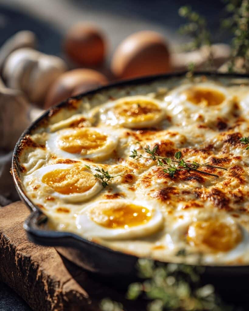 Eggs au Gratin with Béchamel Sauce and Bacon Recipe